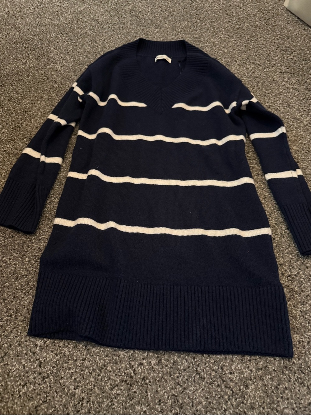 Hollister Navy and White Striped V-Neck Sweater Dress